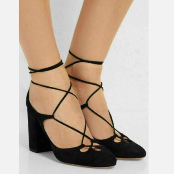 Aquazzura Dancer Black Suede Lace Up Block Heel Pumps Size 38.5 Made in Italy - Picture 2 of 15